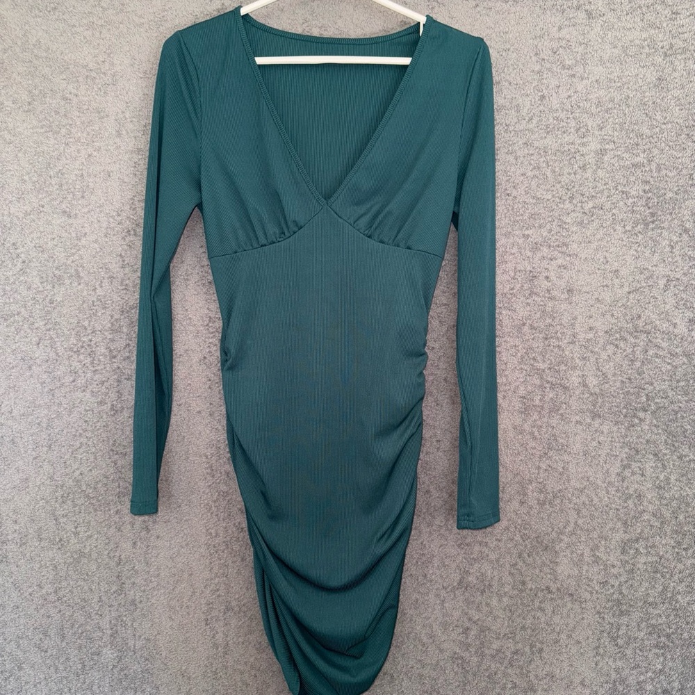 NWOT SHEIN Teal V-Neck ruched long sleeve Mini Dress L